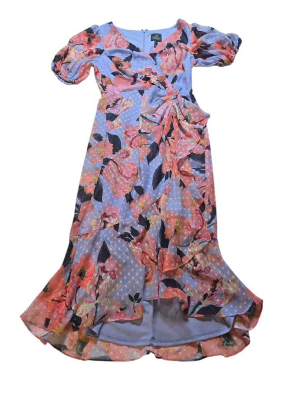Adrianna Papell Floral Swiss Dot High Low Ruffle Dress Size 2 Wedding Guest